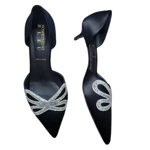 Something Bleu Darla d'Orsay Kitten Heel Black Silver Glitter Bow Pointed Toe 7½